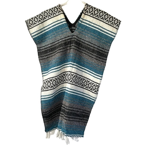 Baja Mexican Blanket Poncho Wrap Blue White Black Striped, One Size - Picture 1 of 6